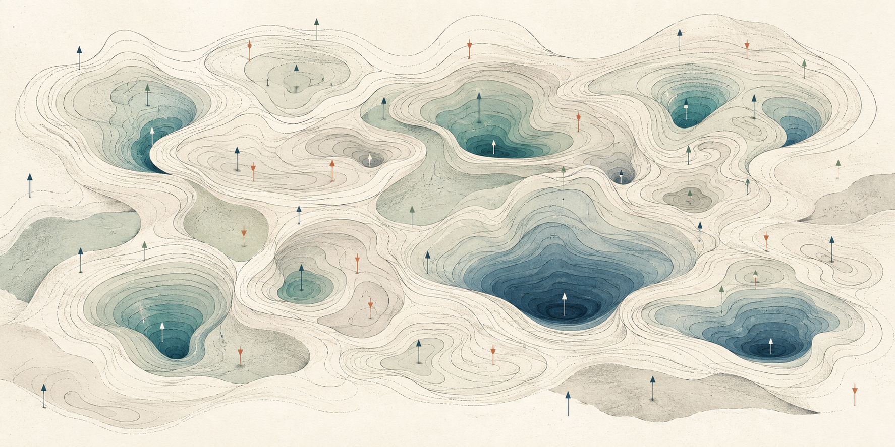 An ink-and-paper illustration of a spin-glass landscape, with nested contour basins and upward- and downward-pointing spin needles.